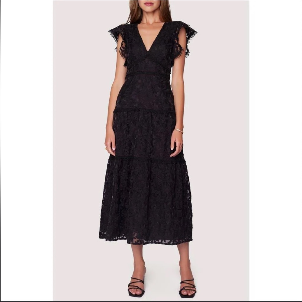 Lost + Wander Madonna Blossom Flutter Sleeve Organza Midi Dress XS Black